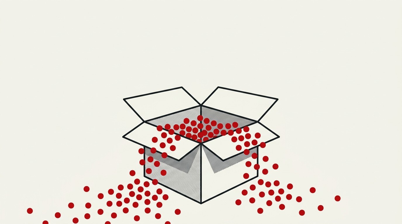 A cracked cream-colored shipping box spilling small red dots like scattered data points onto an empty surface