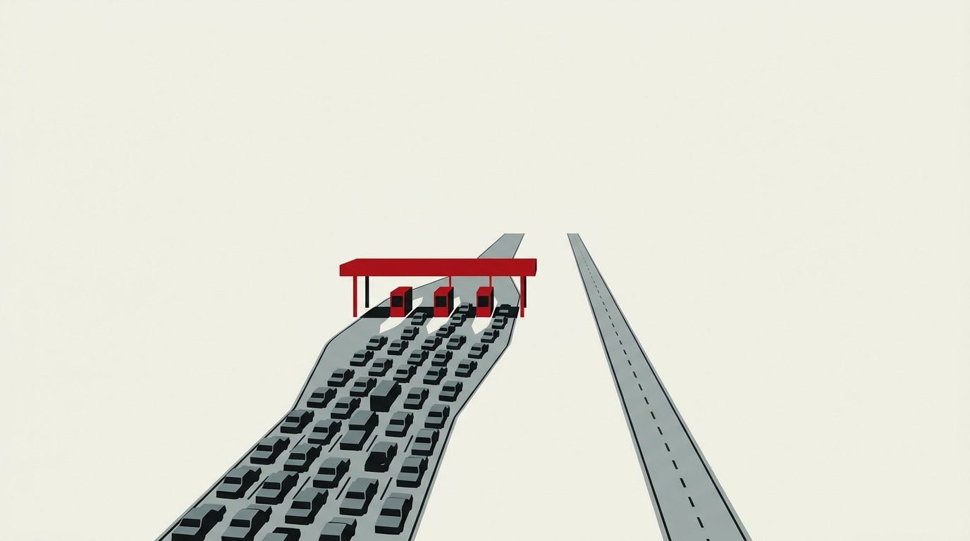 A wide, busy highway of small cream-colored blocks flowing toward a single red gate, with an empty side road branching off into negative space above