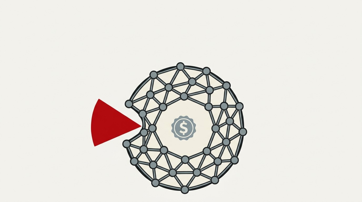 A red thread pushing against a cream-colored circular payment network, while a small dollar-shaped seal already sits at its center