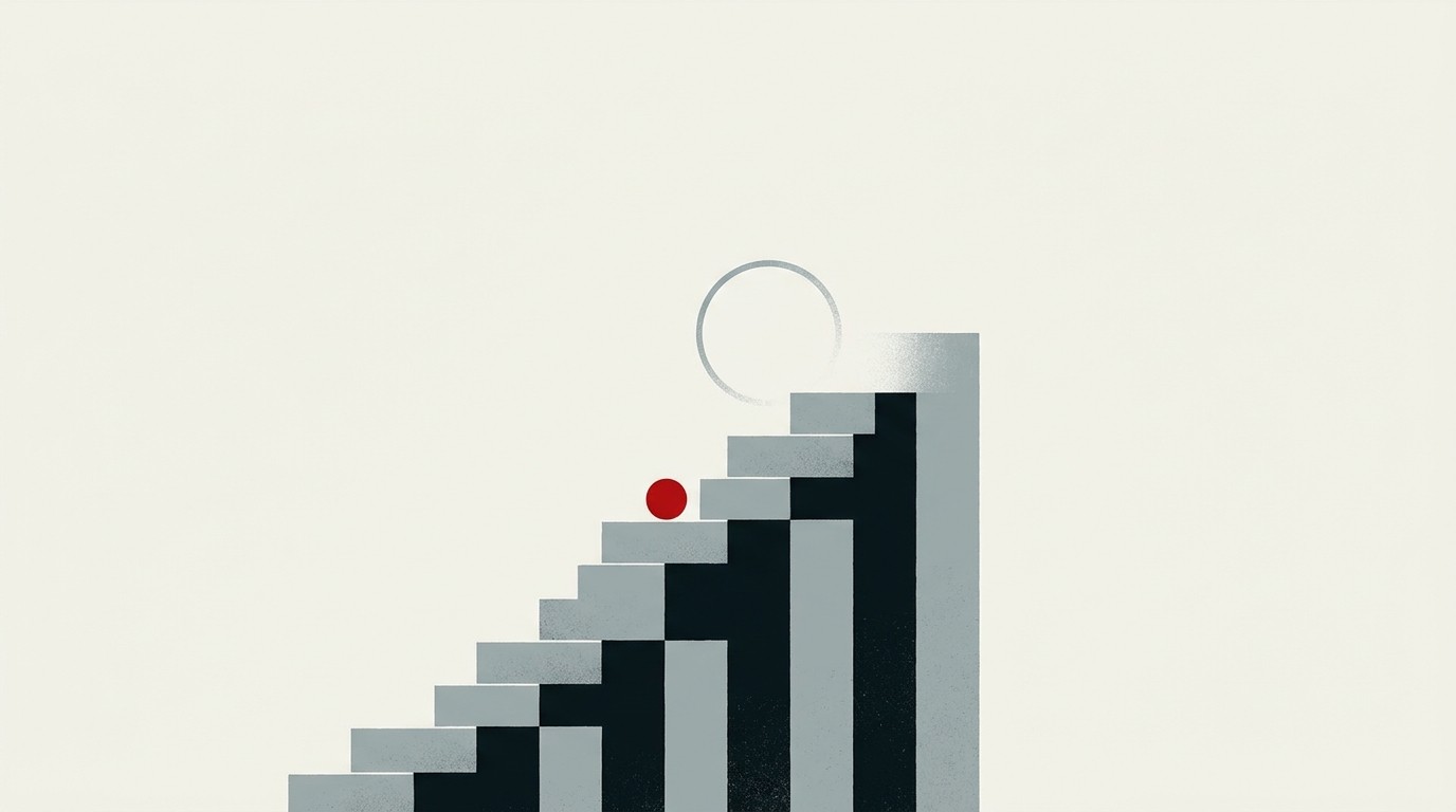 A single small dot climbing back up a steep staircase toward a much larger dot far above, cream background, one red accent on the small dot