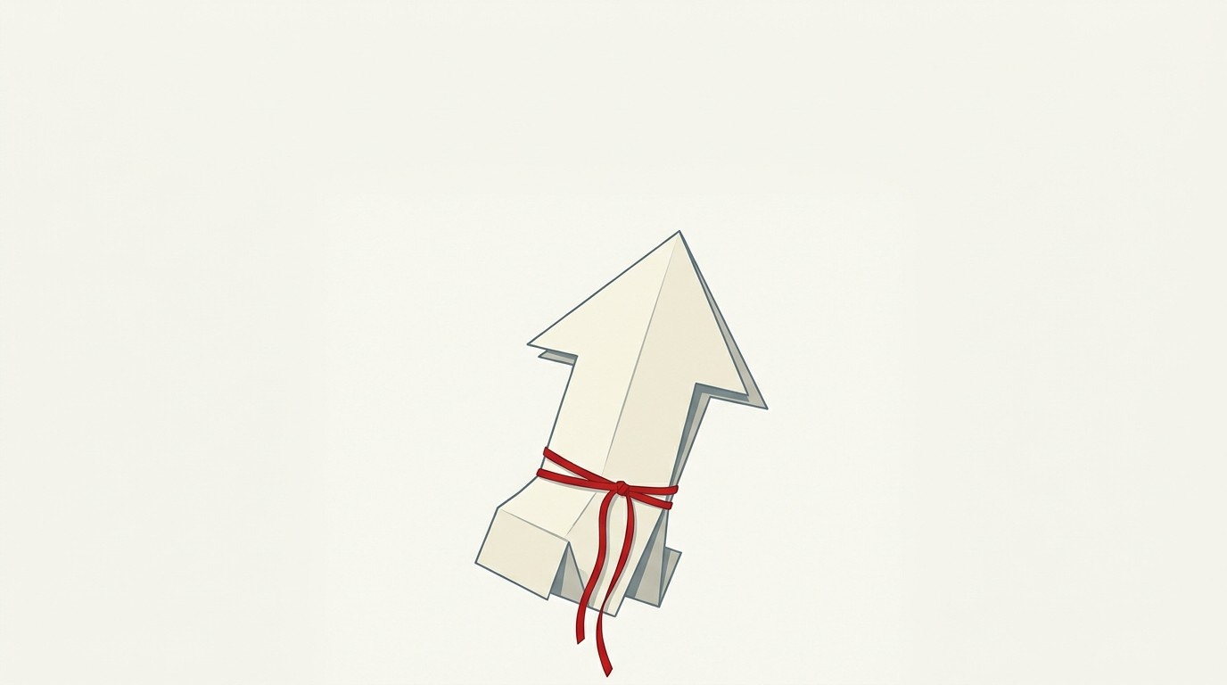 A single upward arrow made of folded cream paper against negative space, one red thread wrapped around its base