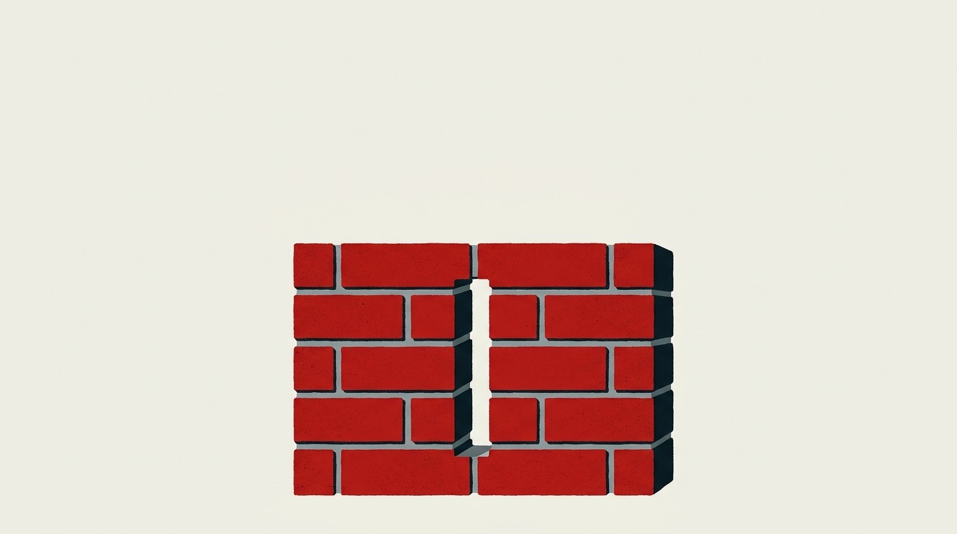 A red brick wall with a single narrow gap cut through it, cream background, negative space above