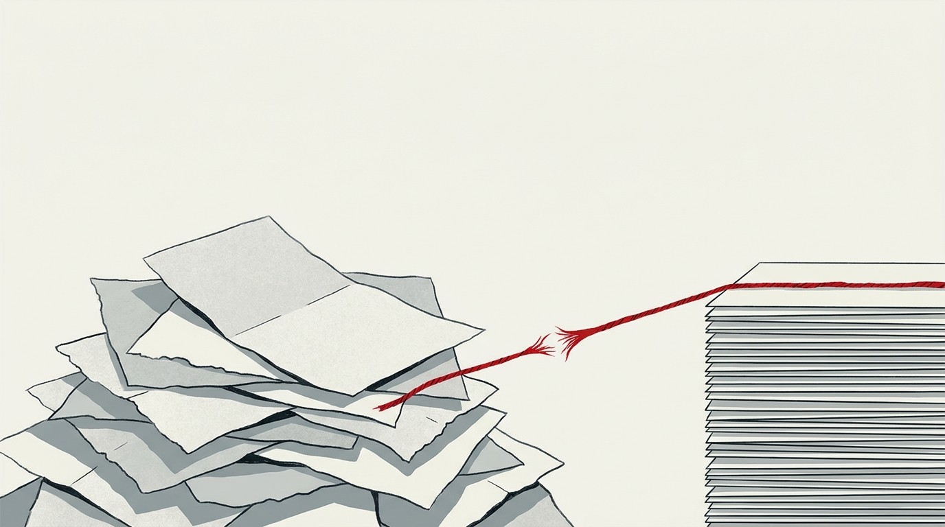 A single red thread pulling a stack of cream-colored parliamentary papers into alignment