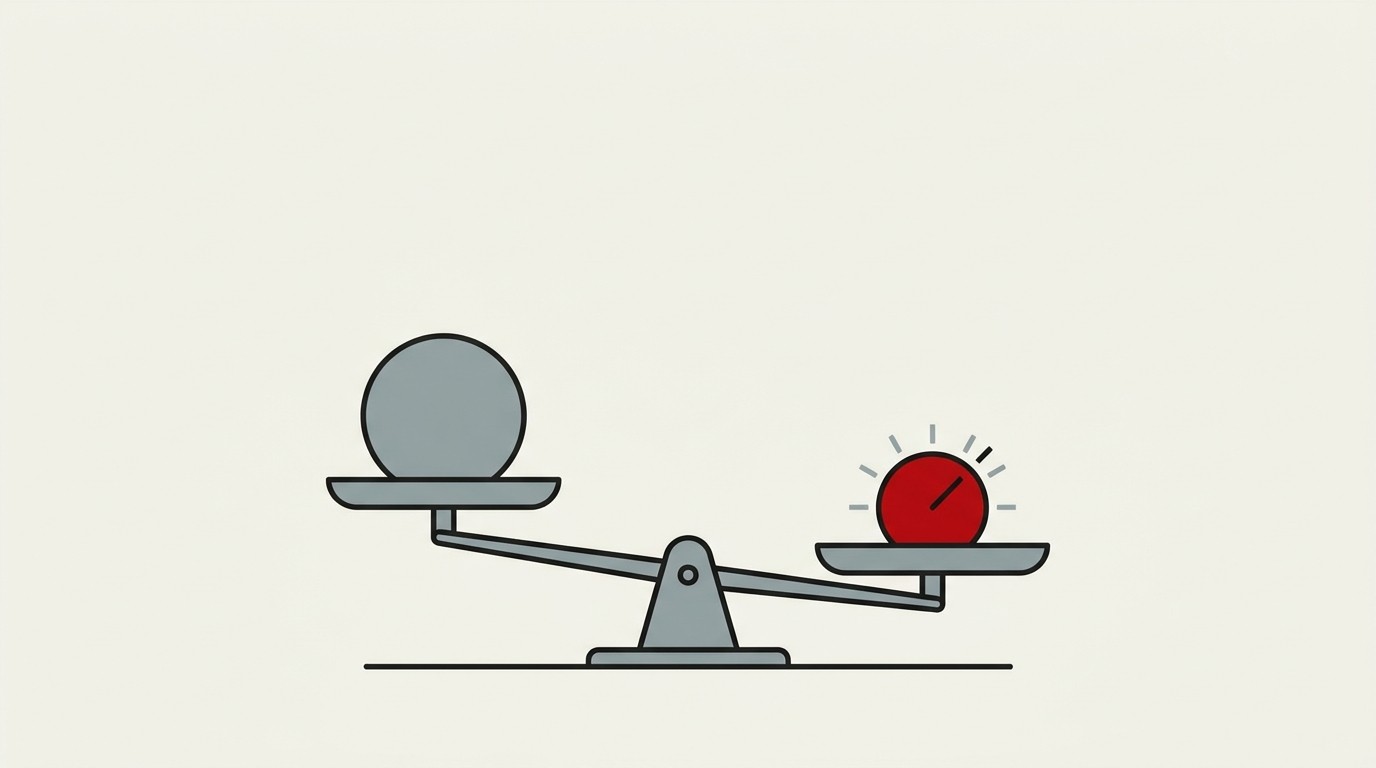 Two nearly identical cream-colored coin shapes on a balance scale, one red weight tipping the scale slightly