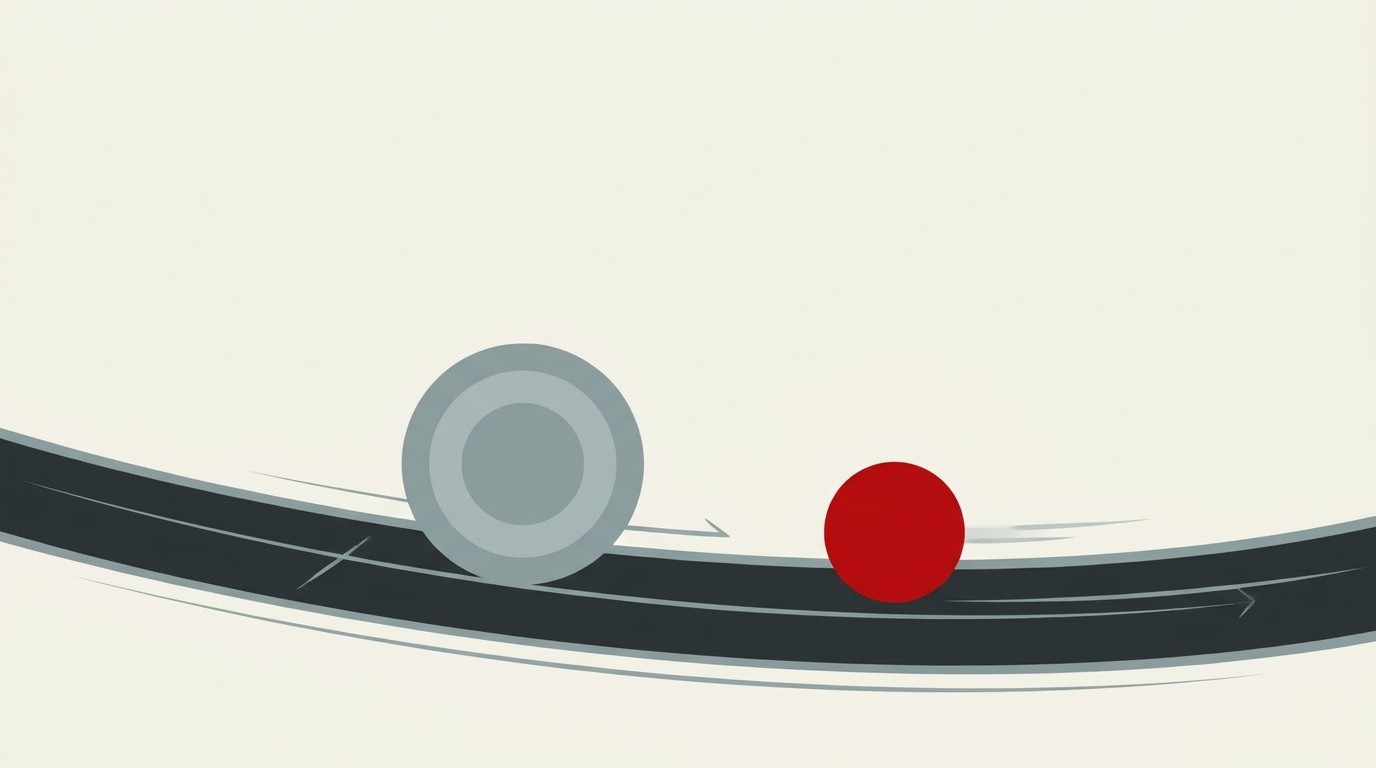 A cream field with one red circle overtaking a larger grey circle along a single track line