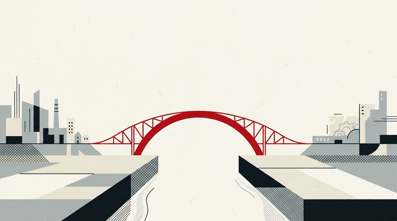 A single red bridge span connecting two cream-colored platform blocks against empty space