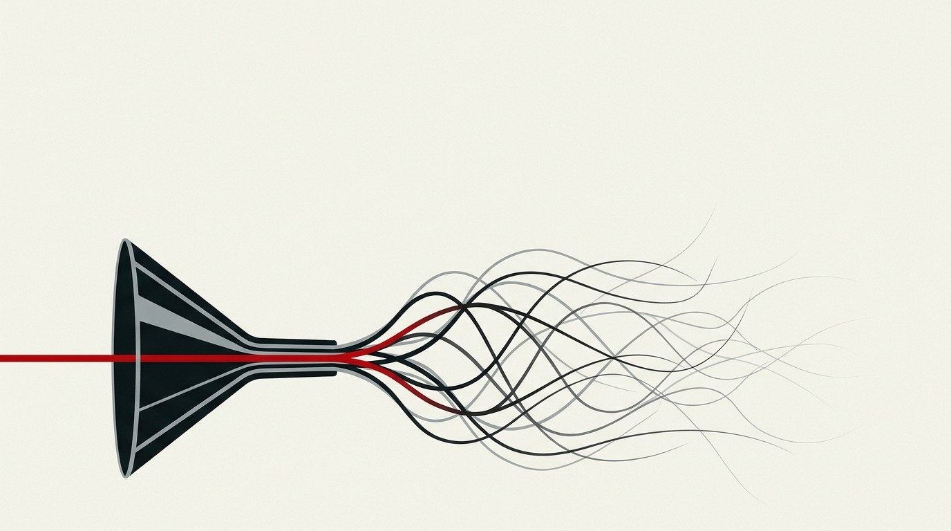 A single red thread unraveling through a maze of empty cream boxes, one box overflowing at the start and nearly empty at the end