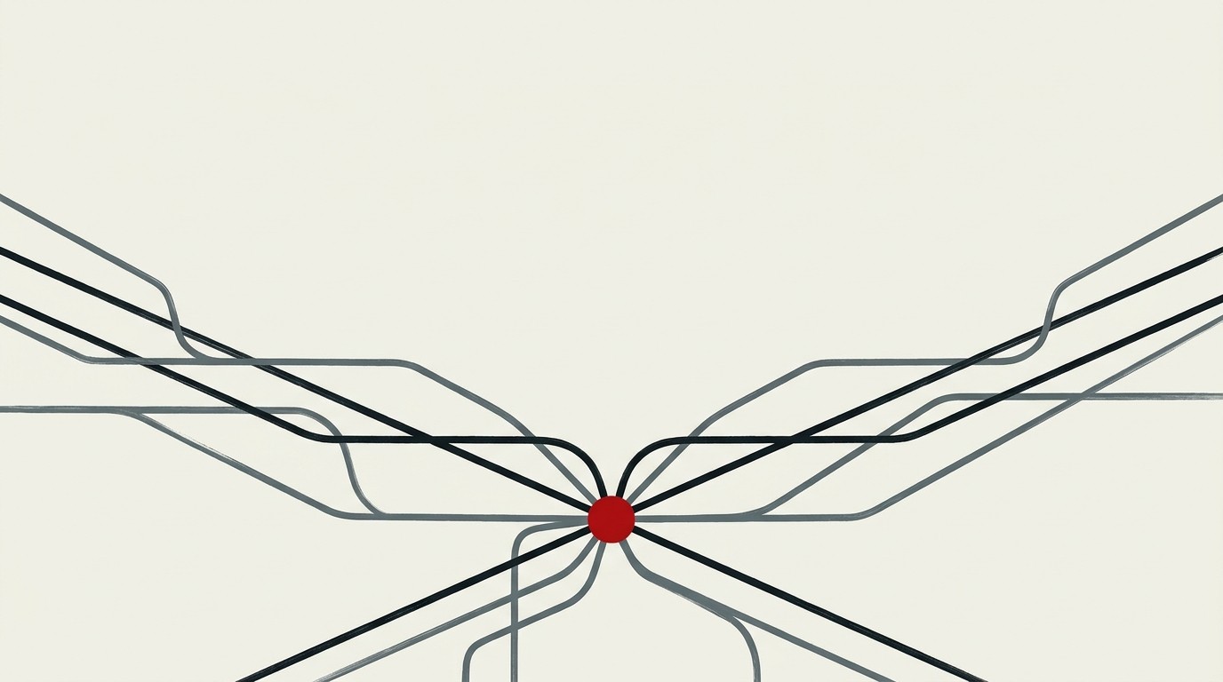A cream background with abstract pipes and channels converging into a single red valve, symbolizing stablecoin flows consolidating into enterprise infrastructure