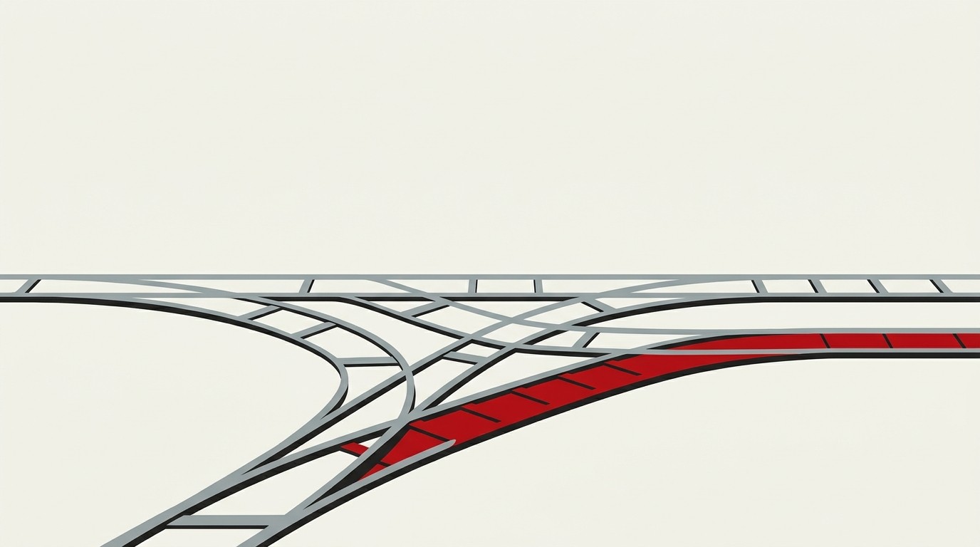 A single rail splitting into many parallel tracks under empty cream sky, one track marked in red