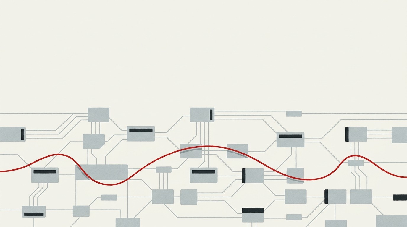 A cream-toned card network diagram with one red pulse traveling along a settlement line