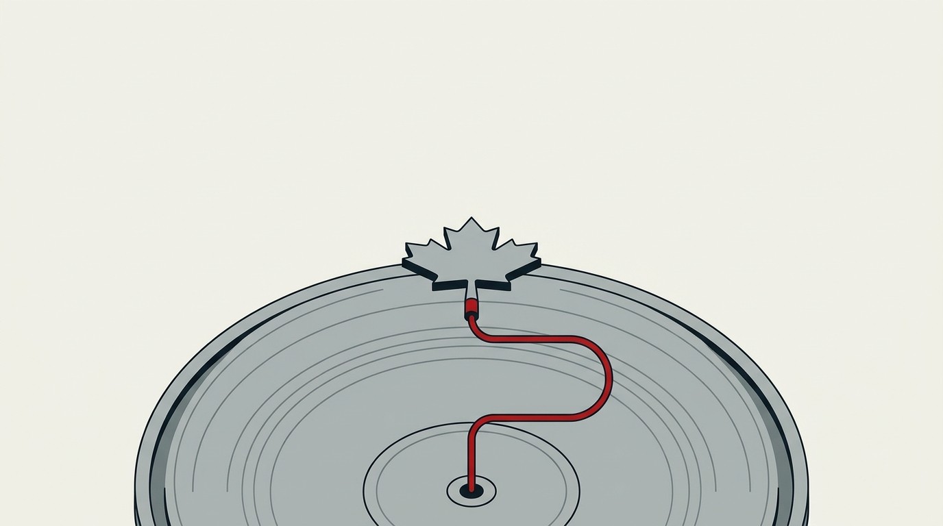 A maple-leaf-shaped outline sitting on a larger circular platform, both rendered as simple flat shapes on cream ground, one red accent line connecting them