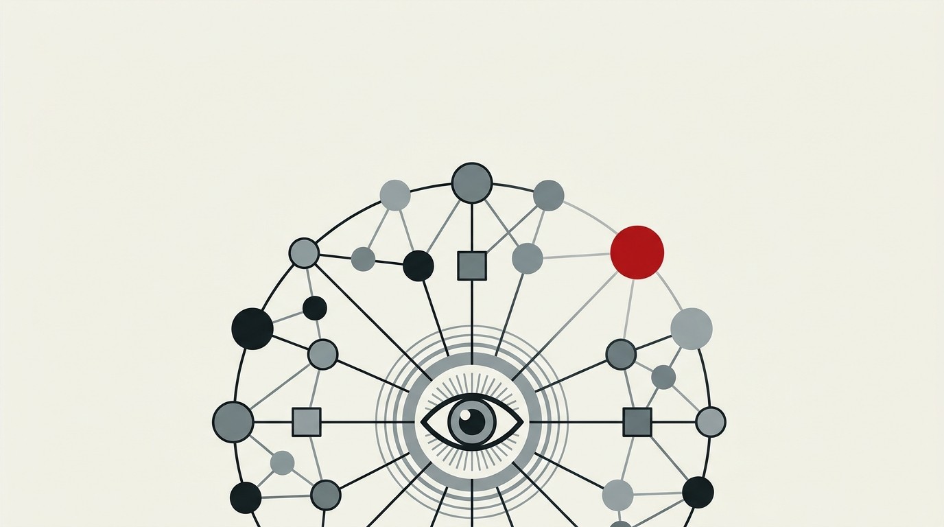 A single stylized eye at the center of concentric rings connecting to small geometric nodes, cream background, one red accent node