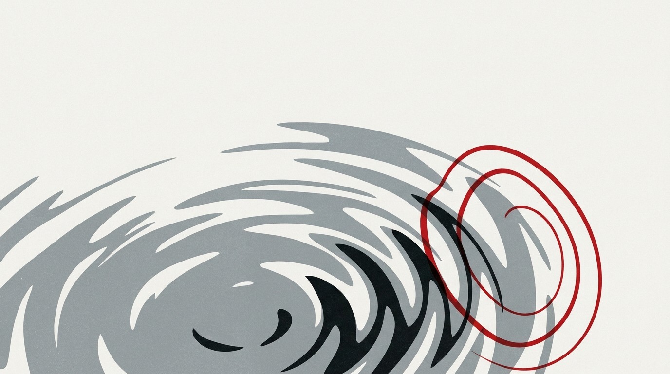 A single red ripple radiating outward from a larger cream shockwave, both fading into empty space above