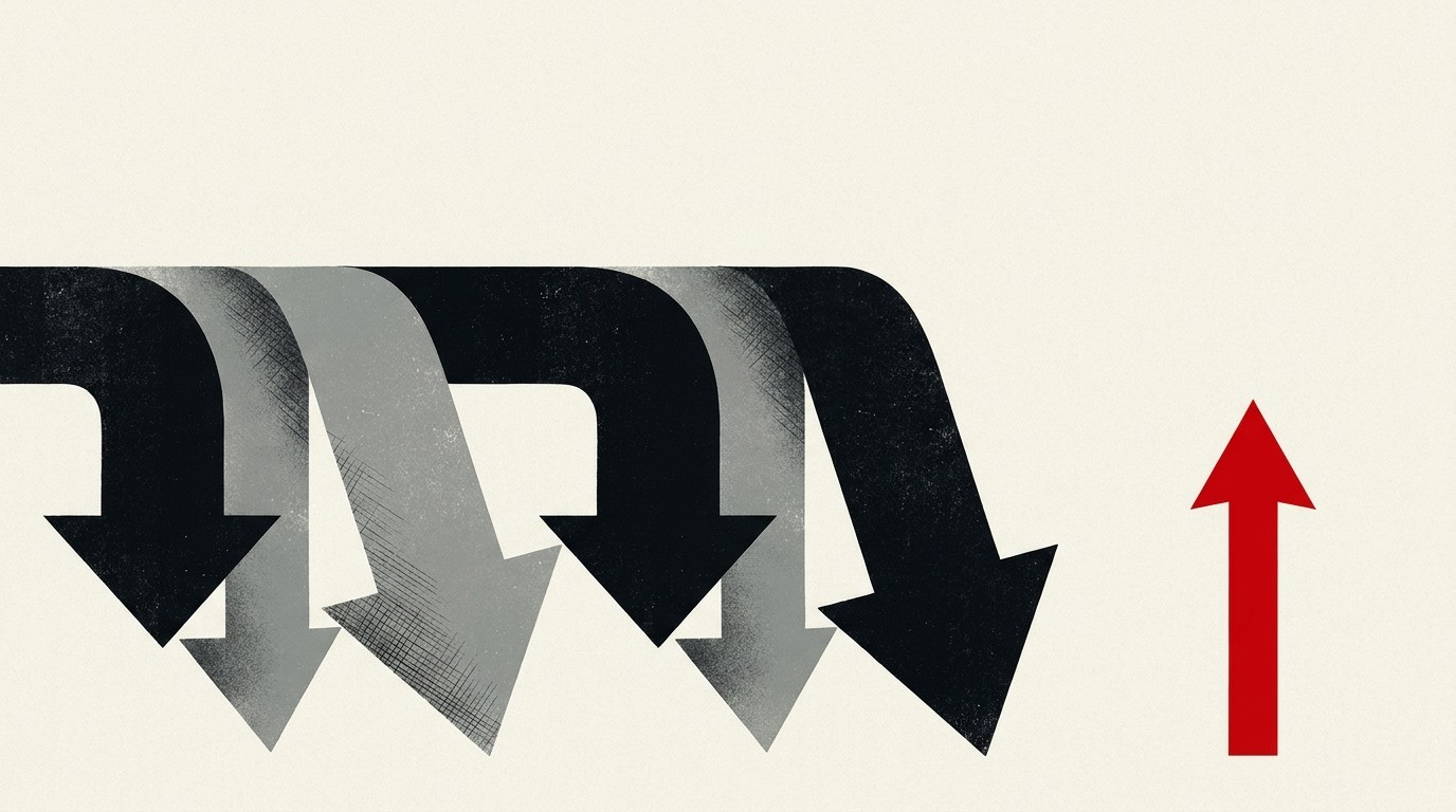A single upward arrow standing apart from a cluster of downward arrows on cream ground